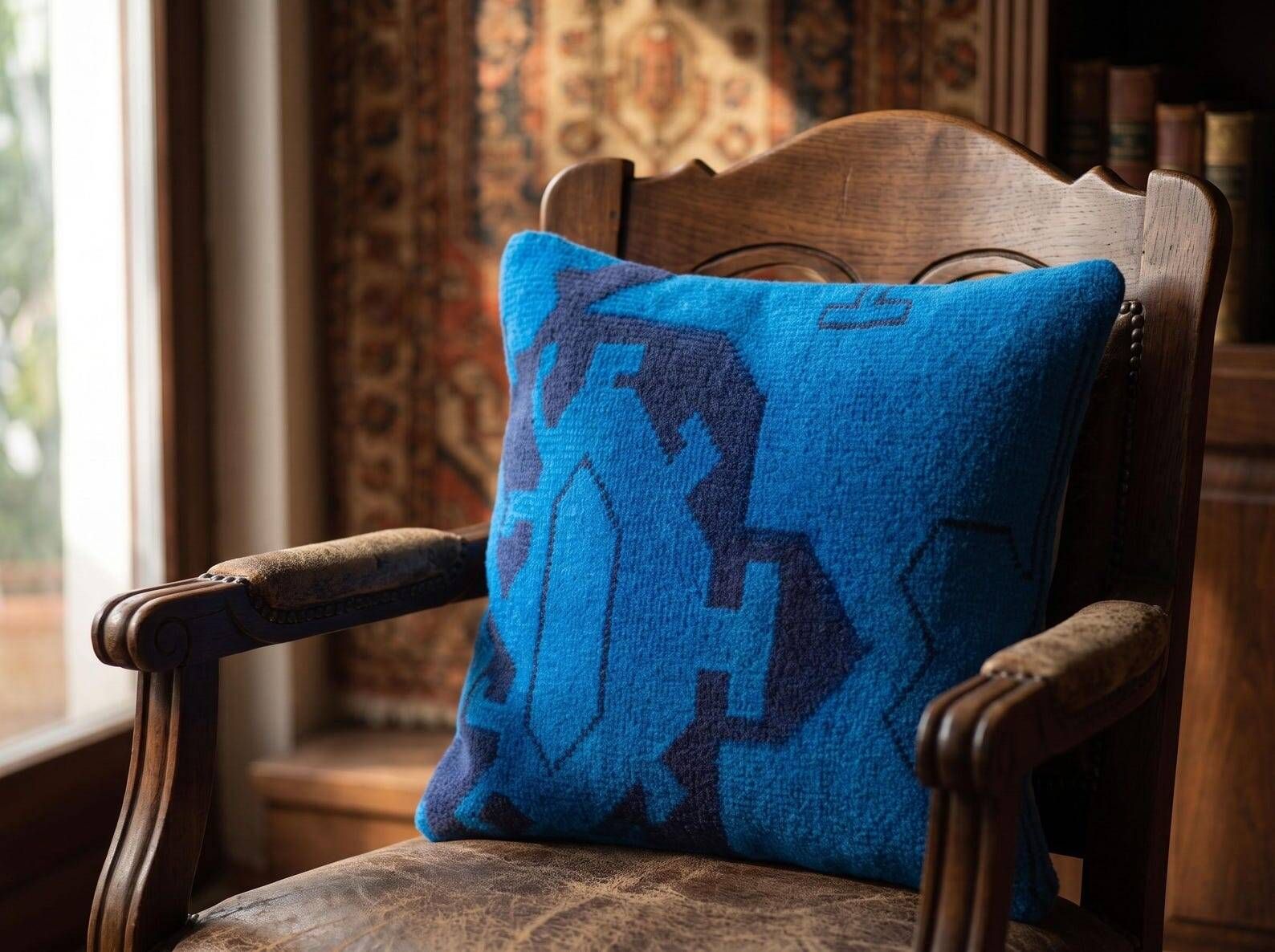 Blue Tribal Totem Rug Pillow, 16x16 Anatolian Wool Cushion
