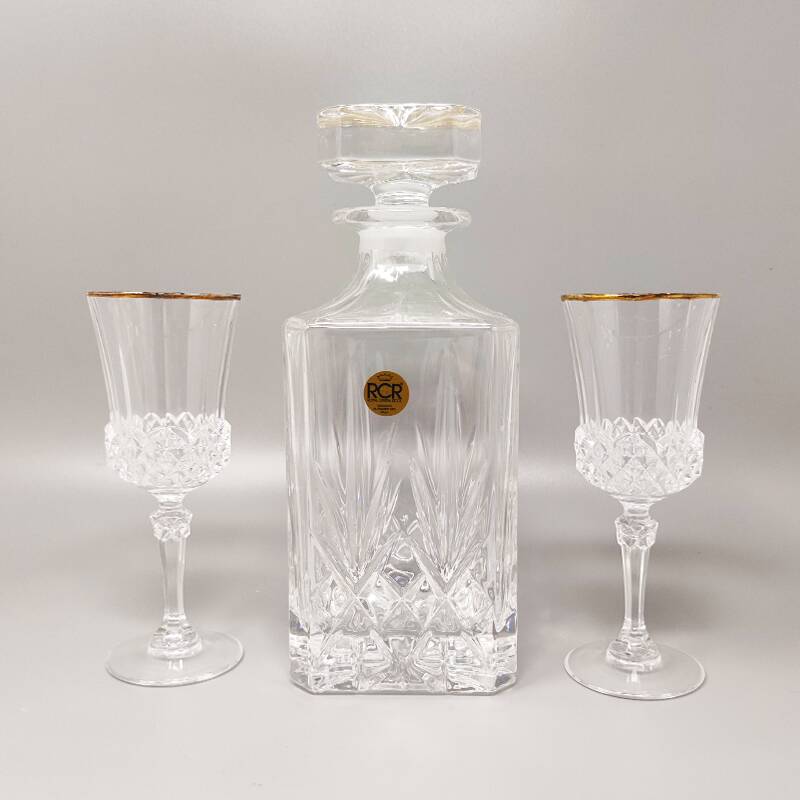 1970s crystal decanter with 2 crystal glasses by rcr. made in italy