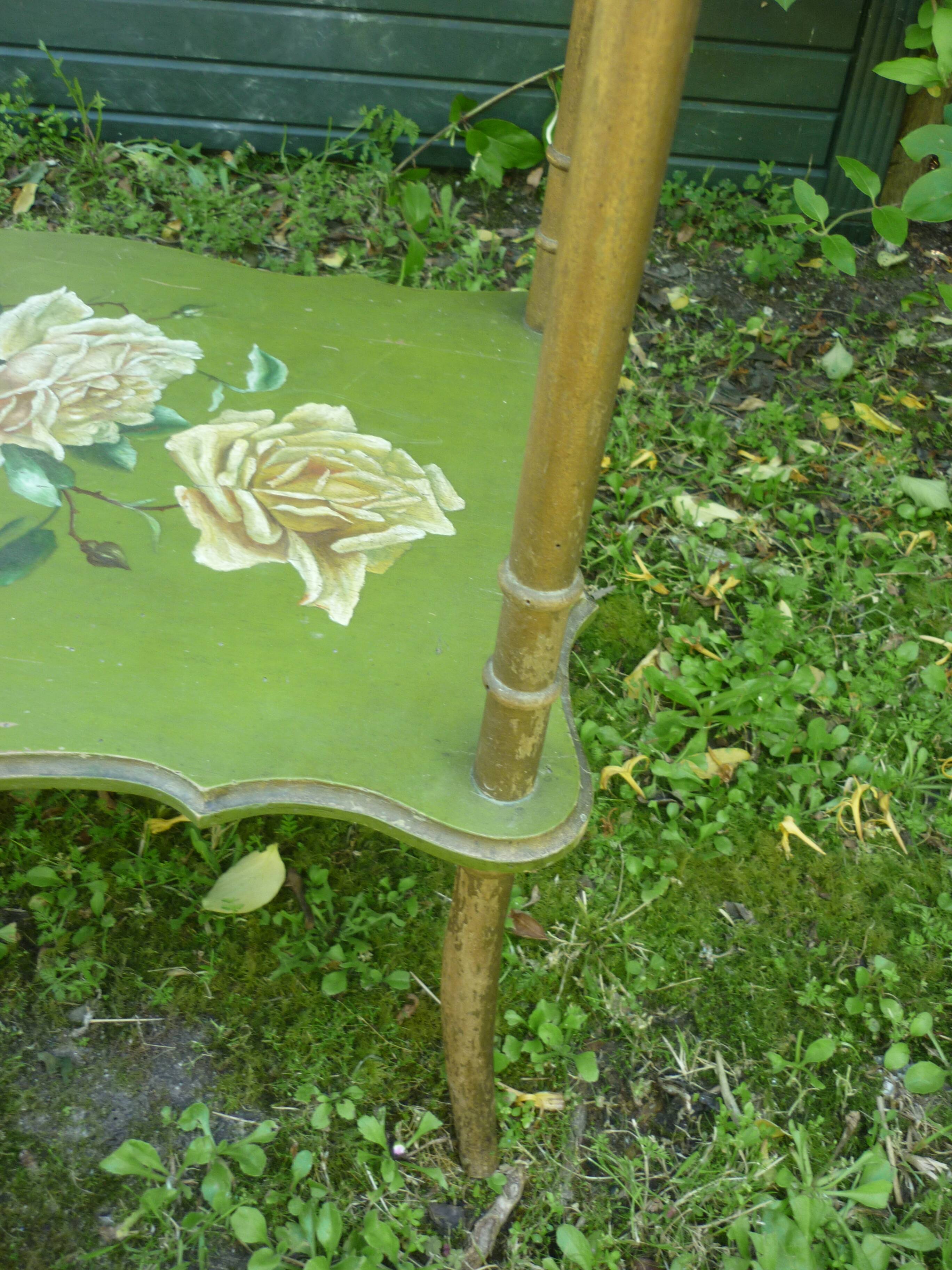 wooden side table painted flowers