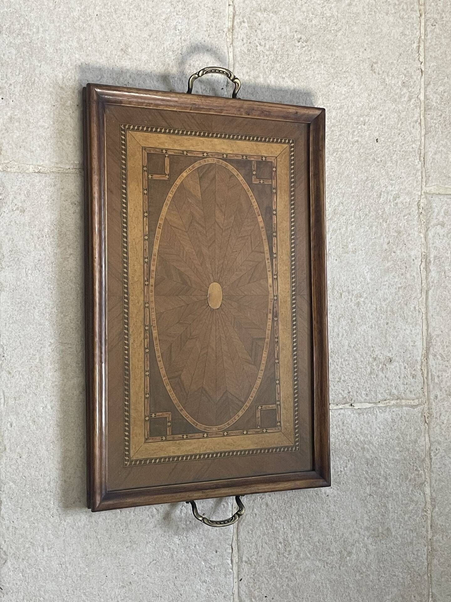 Large vintage tray, wood marquetry under glass