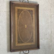 Grand plateau vintage,  marqueterie de bois sous verre