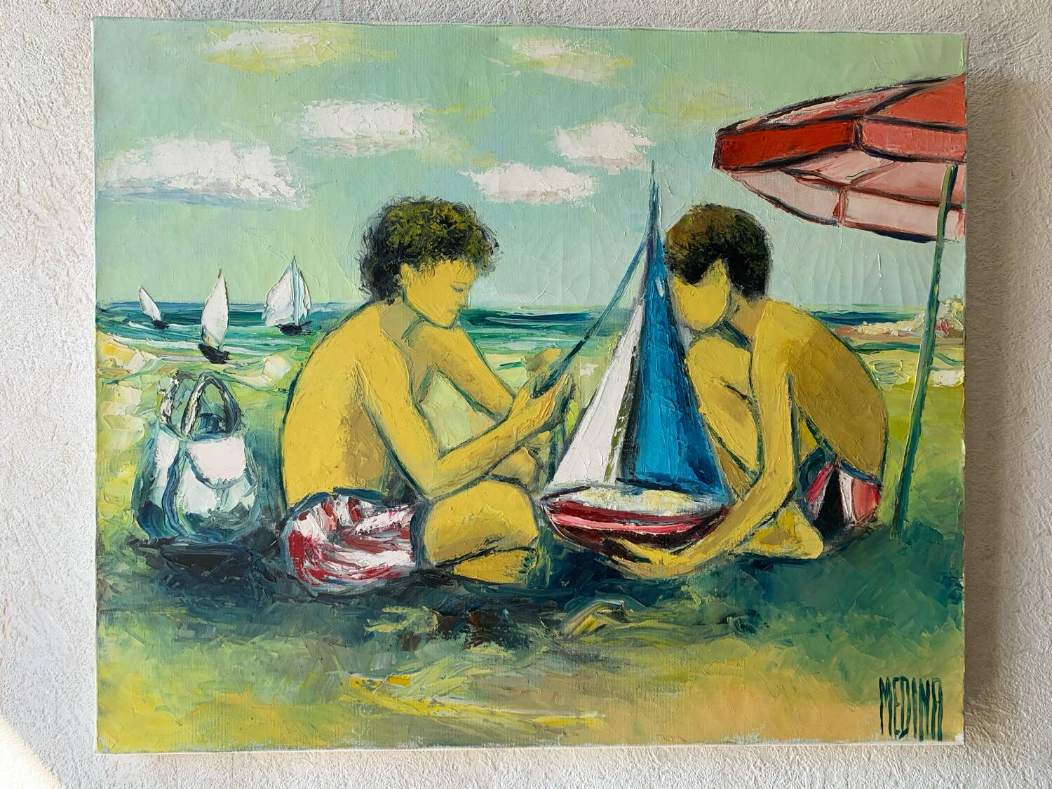 Oil painting on canvas of children at the beach