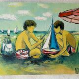 Tableau huile sur toile enfants à la plage
