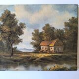 Antique painting signed "Percy" - House by the pond - oil on canvas