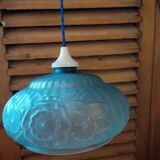 Pendant lamp globe in frosted molded glass relief flowers Blue Dp 112294
