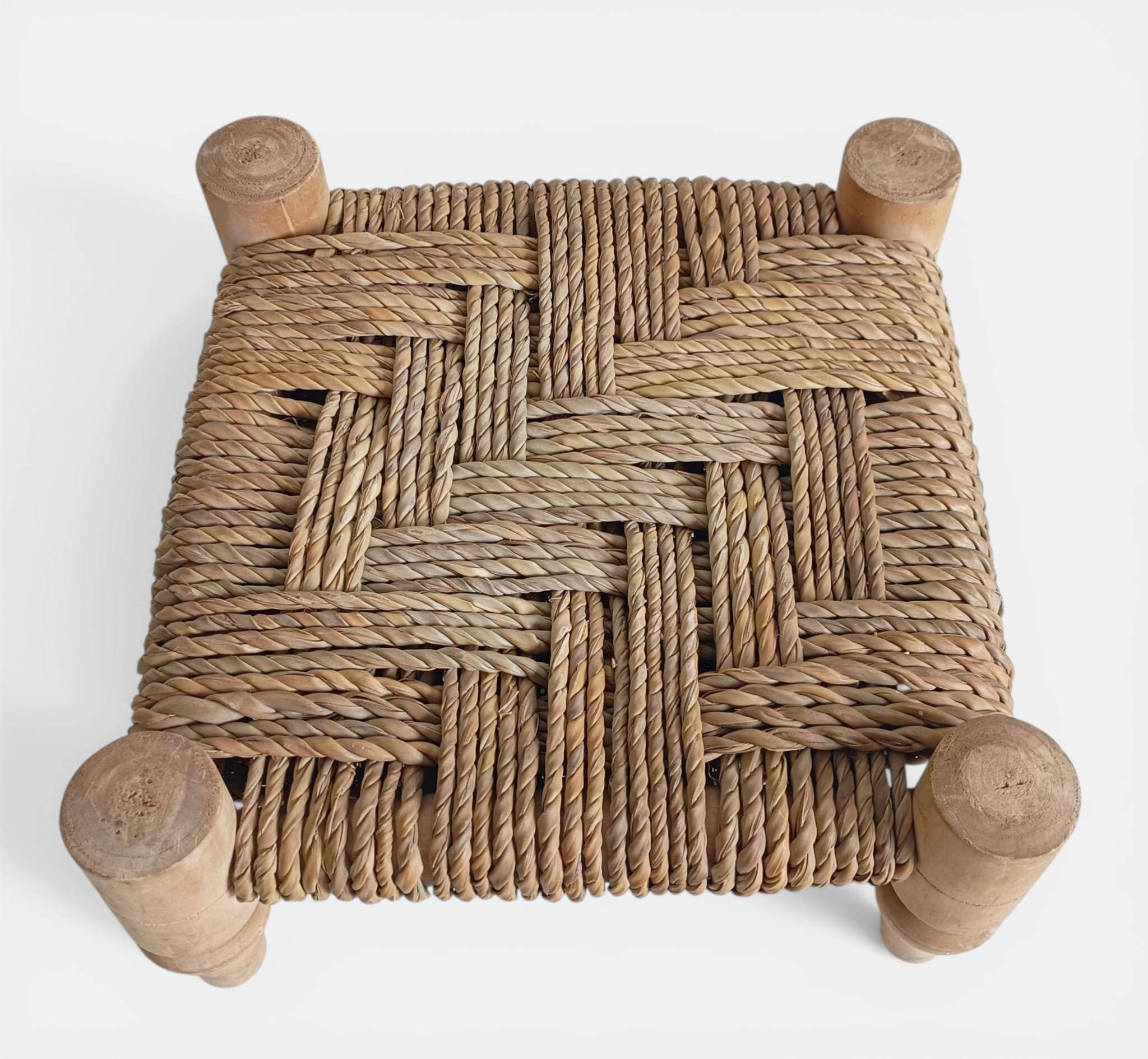 Organic Modern Turned Wood and Rope Footstool in the Style of Charlotte Perriand