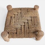 Organic Modern Turned Wood and Rope Footstool in the Style of Charlotte Perriand