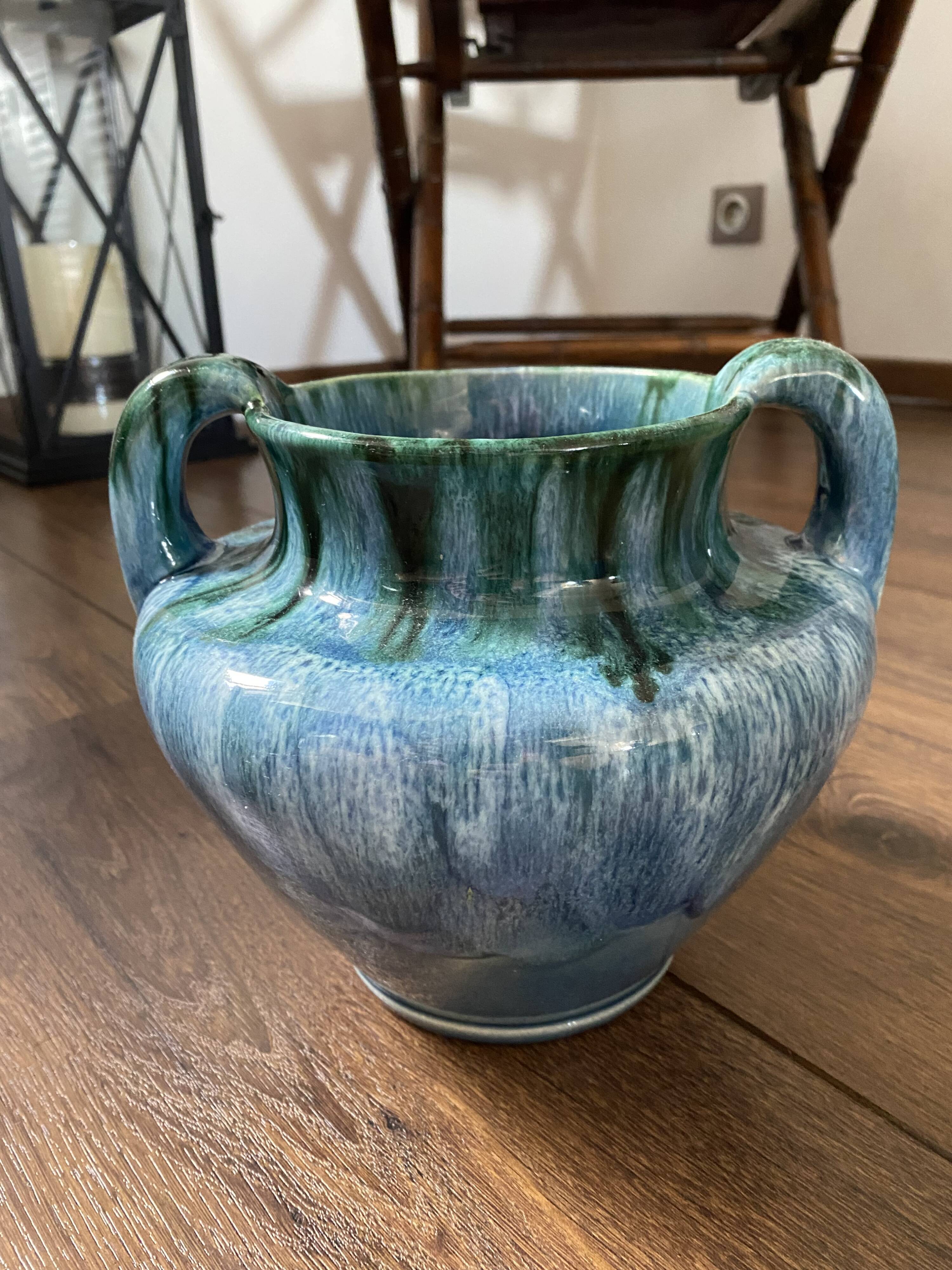 Vase grès flamme bleu vert