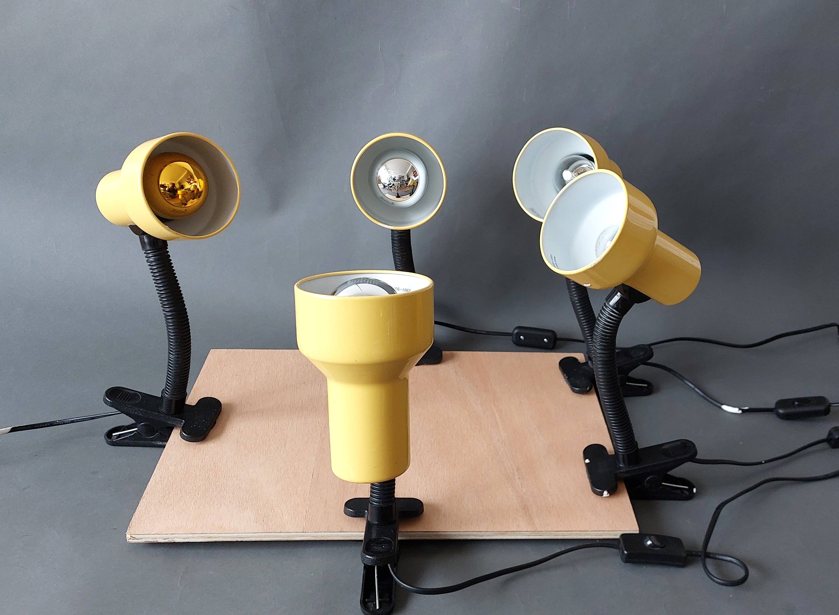 Series of 5 yellow lacquered adjustable clamp spotlights 1980 Vintage.