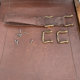 Set of three folding officer chairs wood and leather