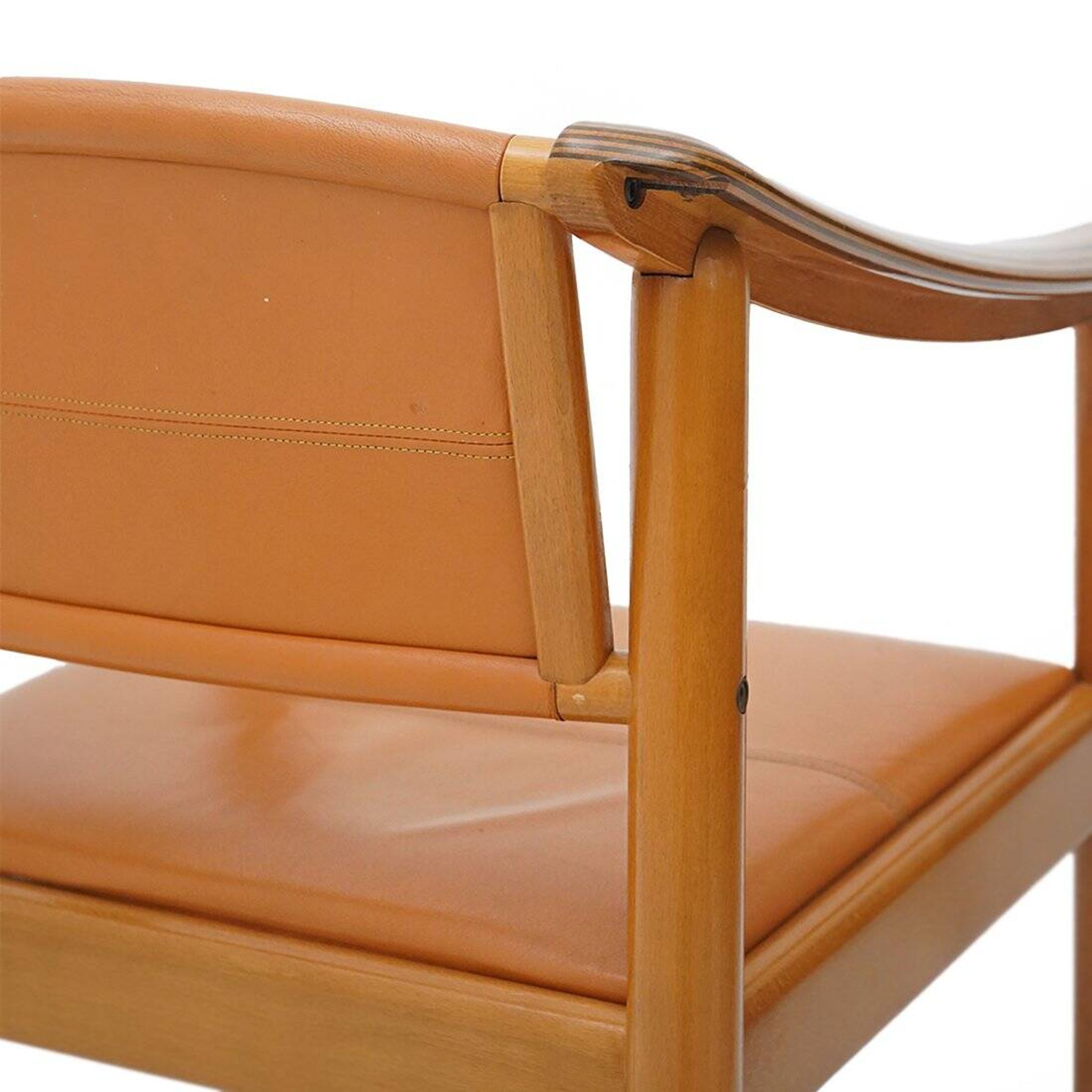 Wood and leather chairs, 1970s, set of 4