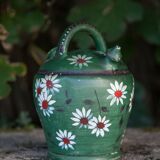 Vintage gargoulette, jug, green painted pitcher with daisy patterns