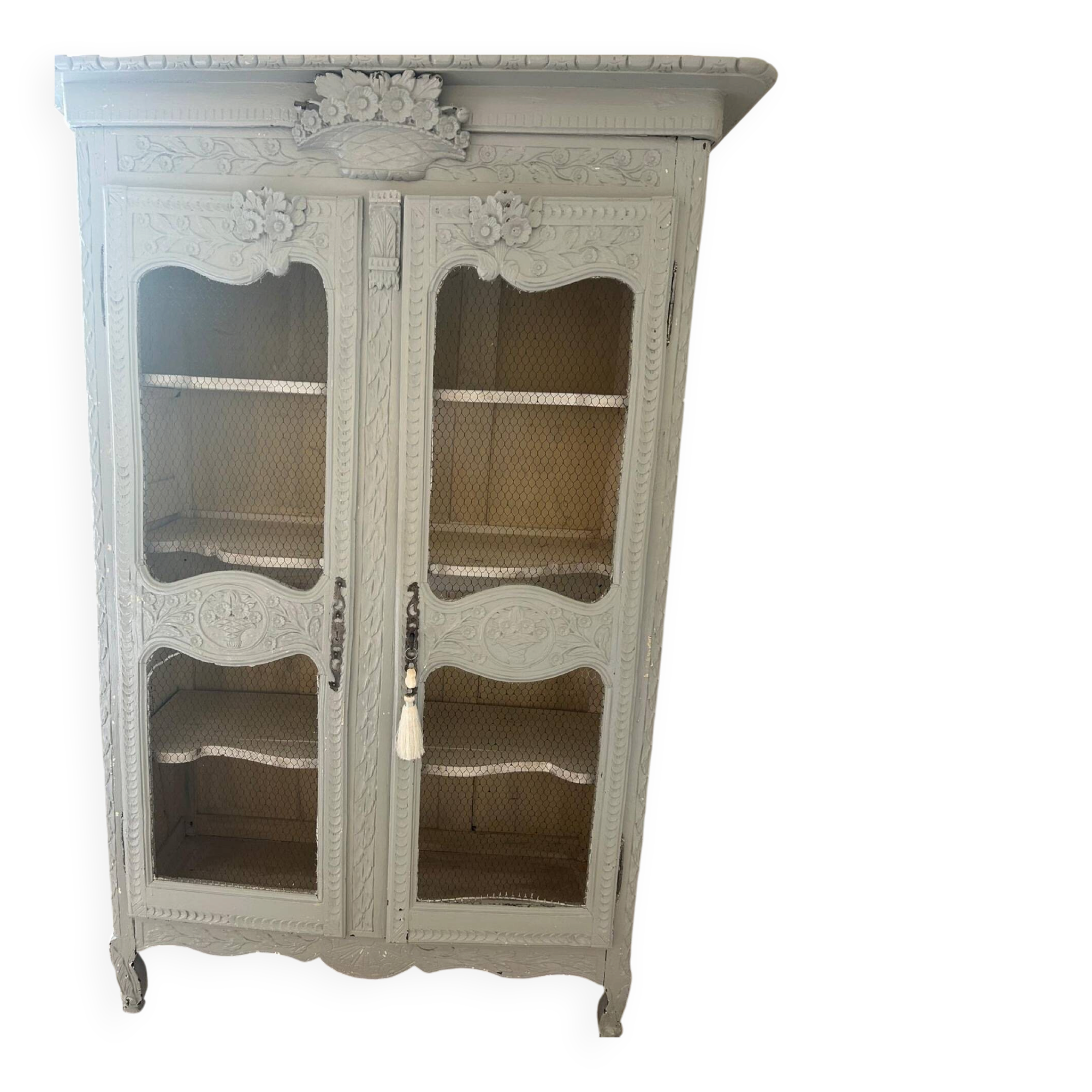 Antique French carved display cabinet with wire mesh doors