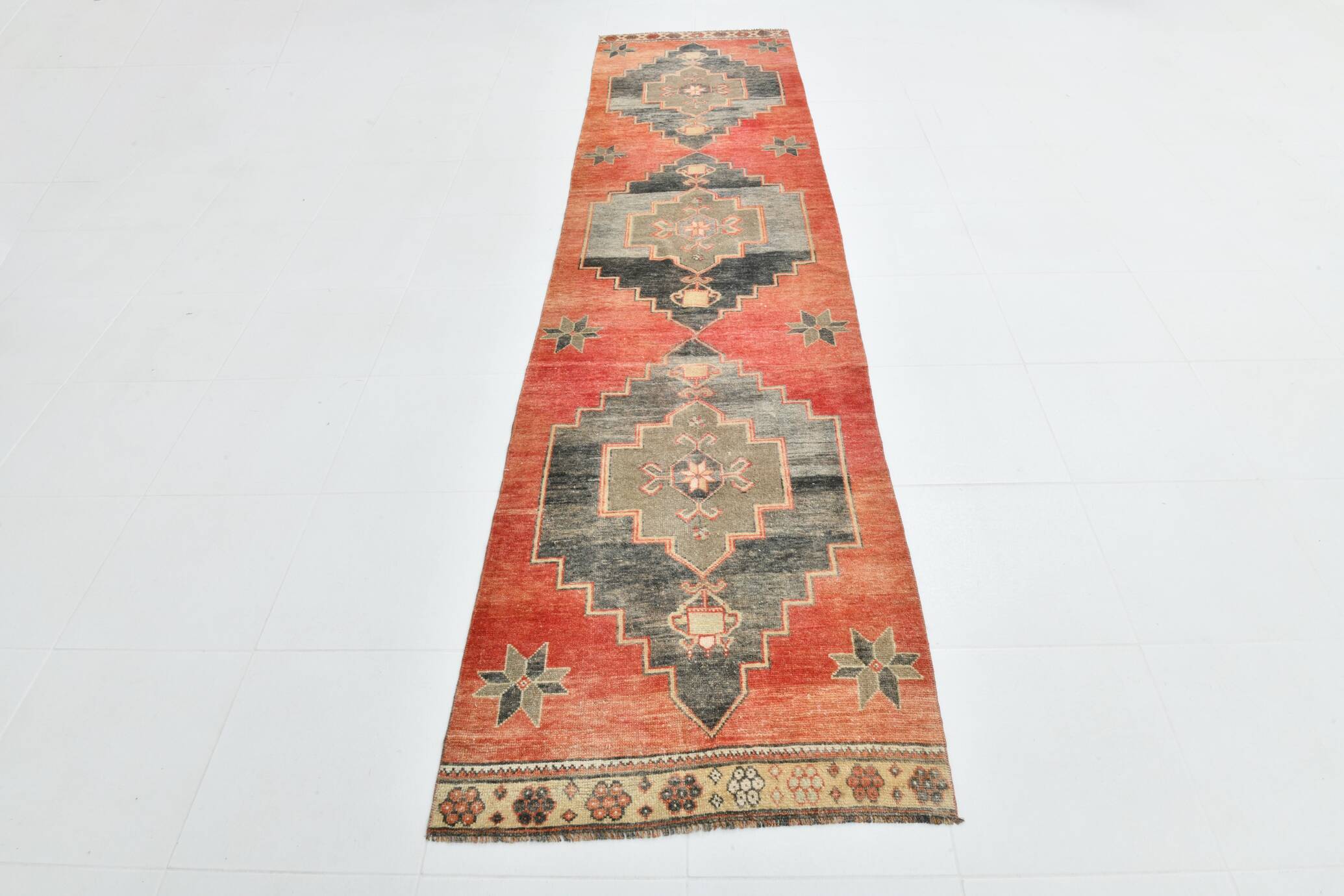 Terracotta Red Geometric Style Vintage Runner Rug, 83x350 Cm