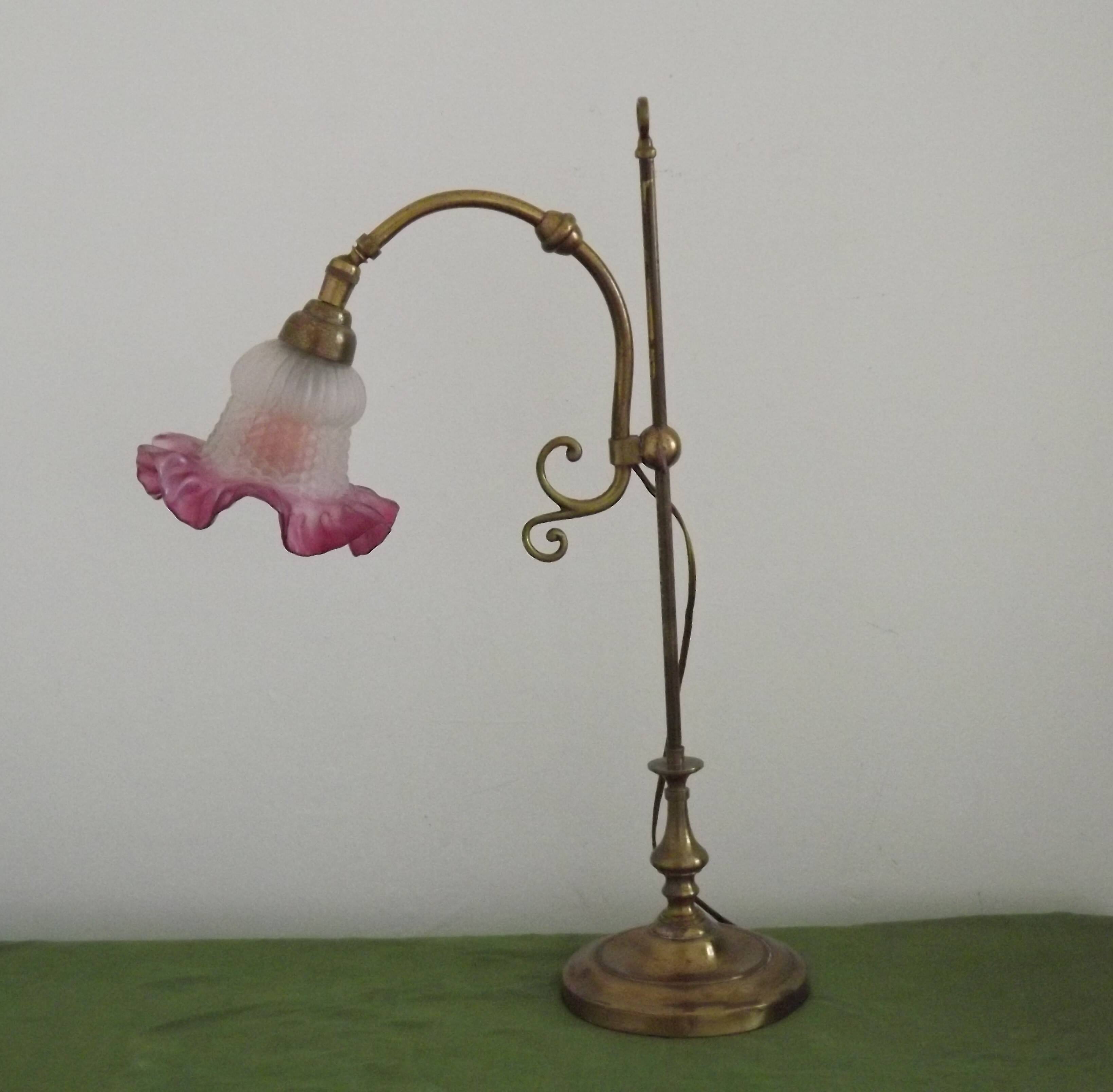 French Antique Brass Anglepoise Table Lamp Patterned Glass Pink Edged Shade 5131