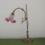 French Antique Brass Anglepoise Table Lamp Patterned Glass Pink Edged Shade 5131