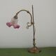 French Antique Brass Anglepoise Table Lamp Patterned Glass Pink Edged Shade 5131