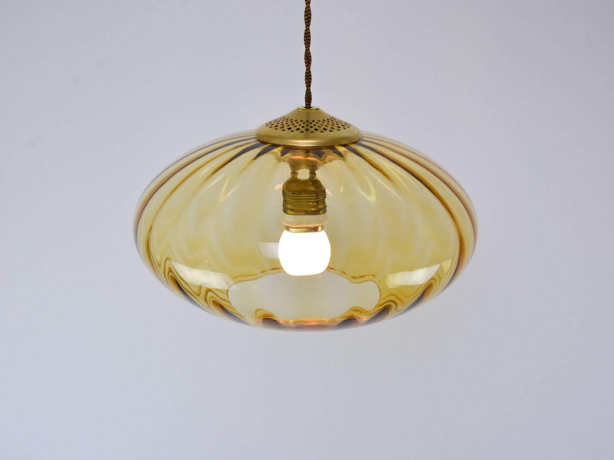 Mid-Century Brass and Light Gold/Yellow Pendant Lamp