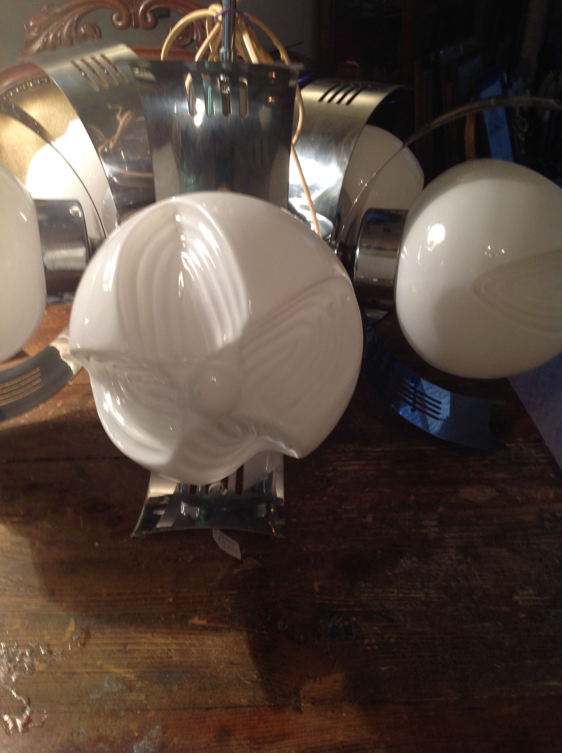 Vintage chandelier in opaline and stainless steel, 70s.