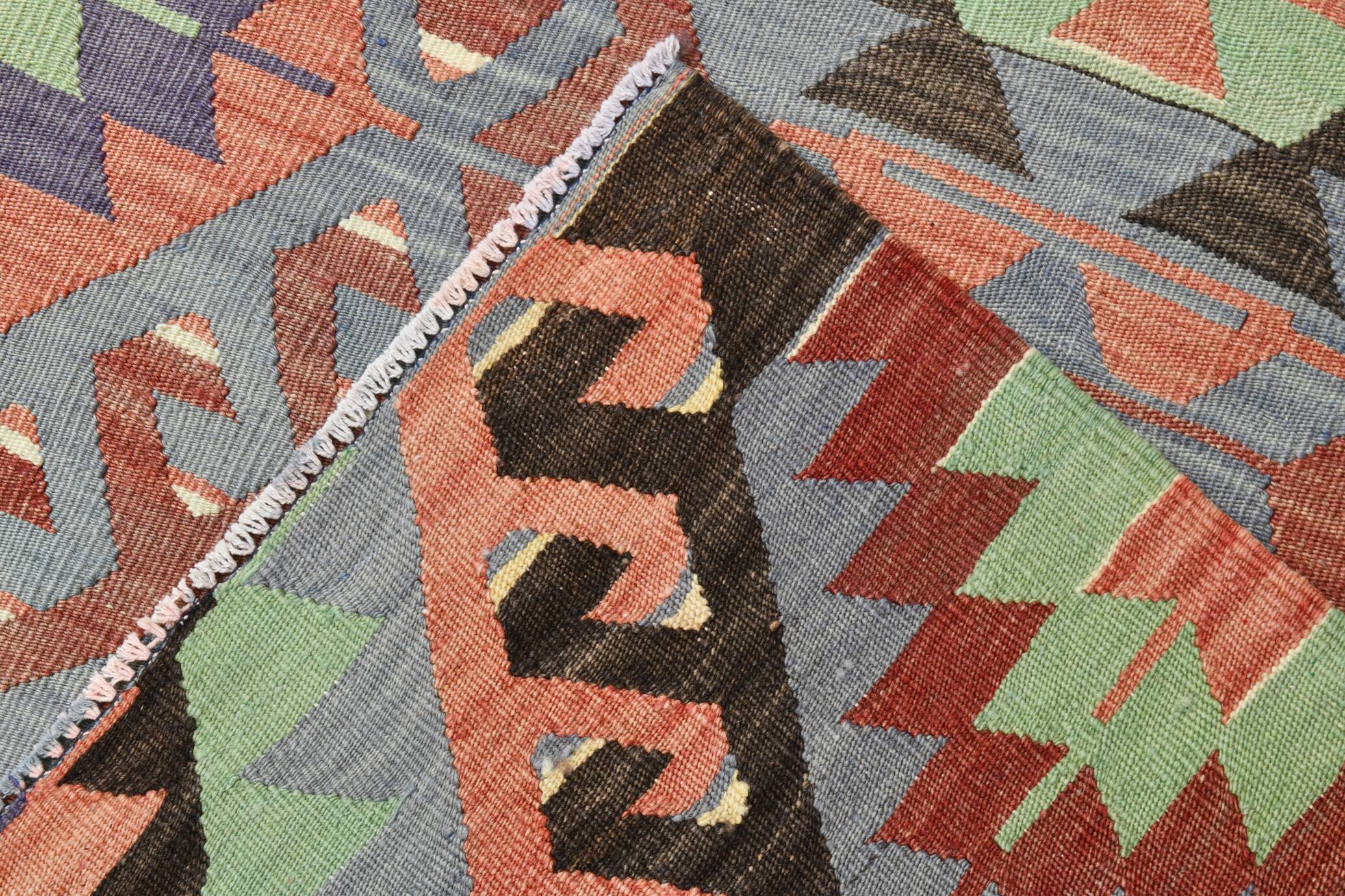 6x9 Green & Salmon Geometric Kilim Rug, 177x266Cm