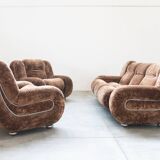 Living room set, 3-seater sofa and 2 armchairs in beige chenille, 1970s