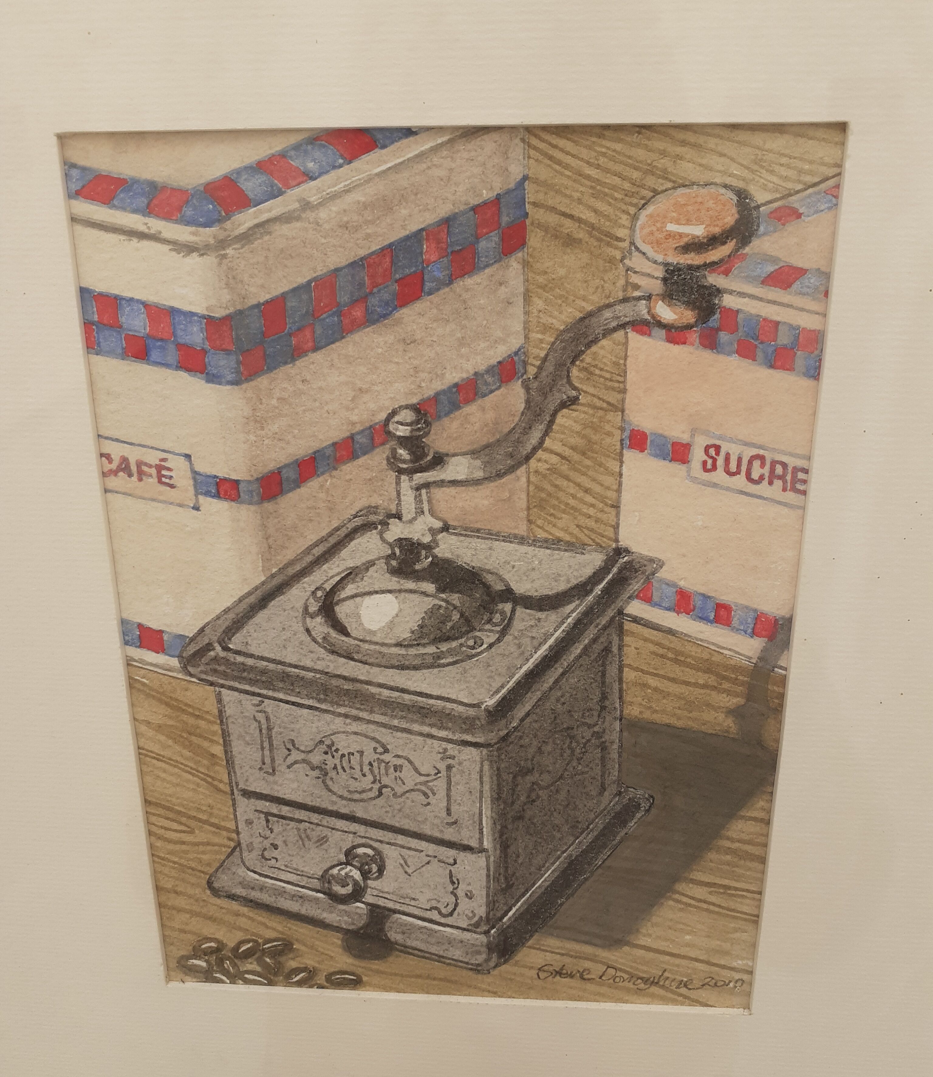Signed and framed watercolour depicting a coffee grinder, 2010