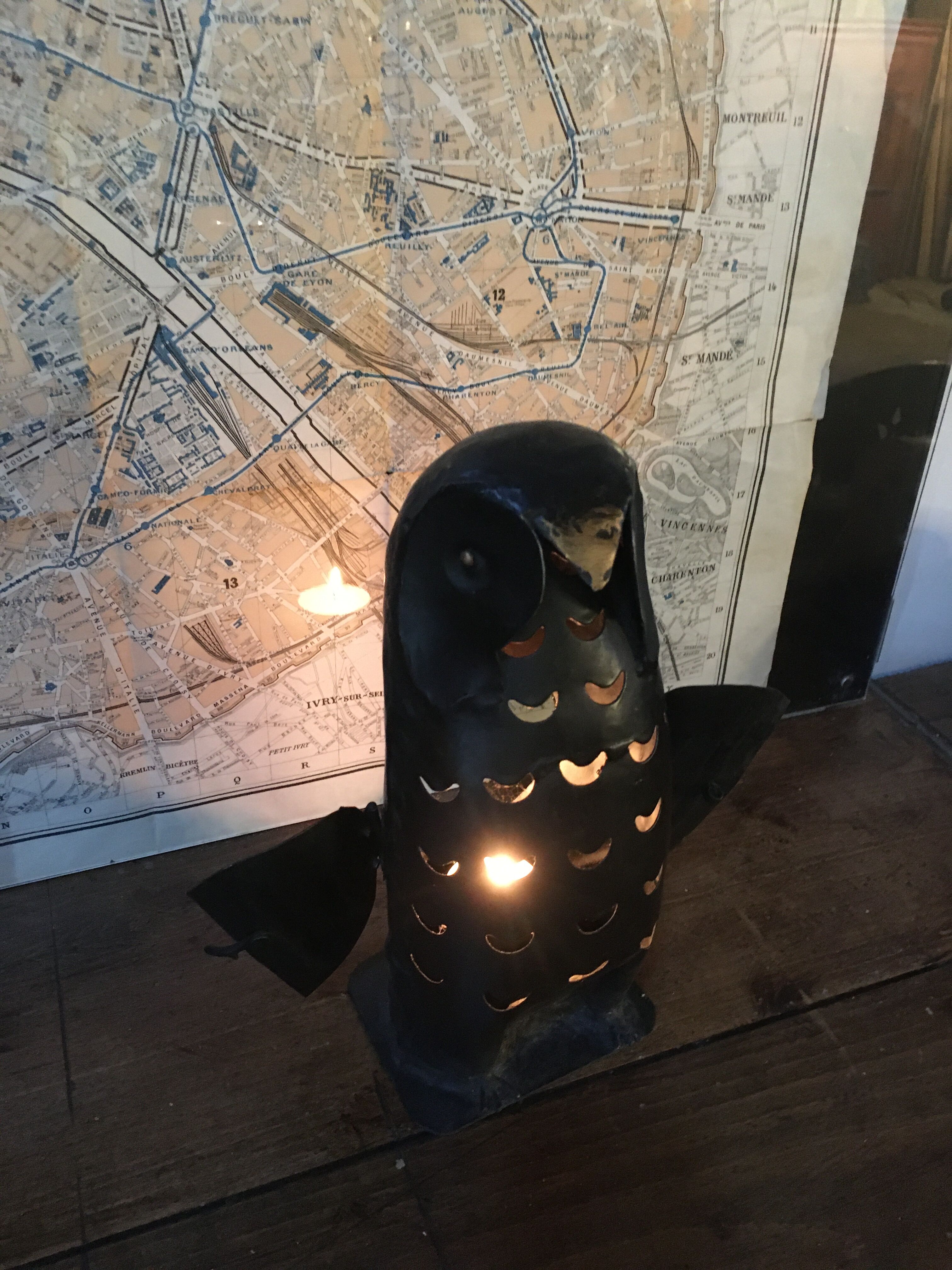 Metal owl, photophore