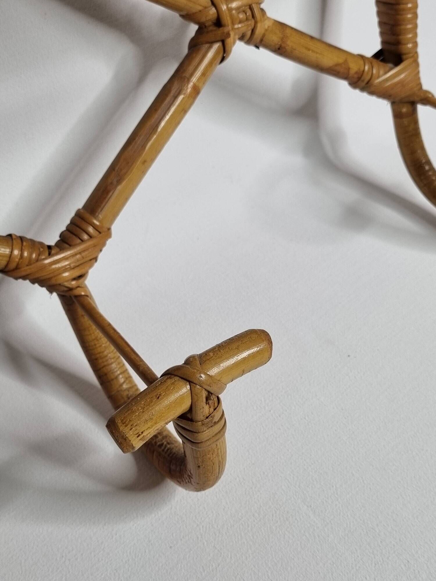 Vintage Rattan Wall Shelf with Hooks – 60s/70s