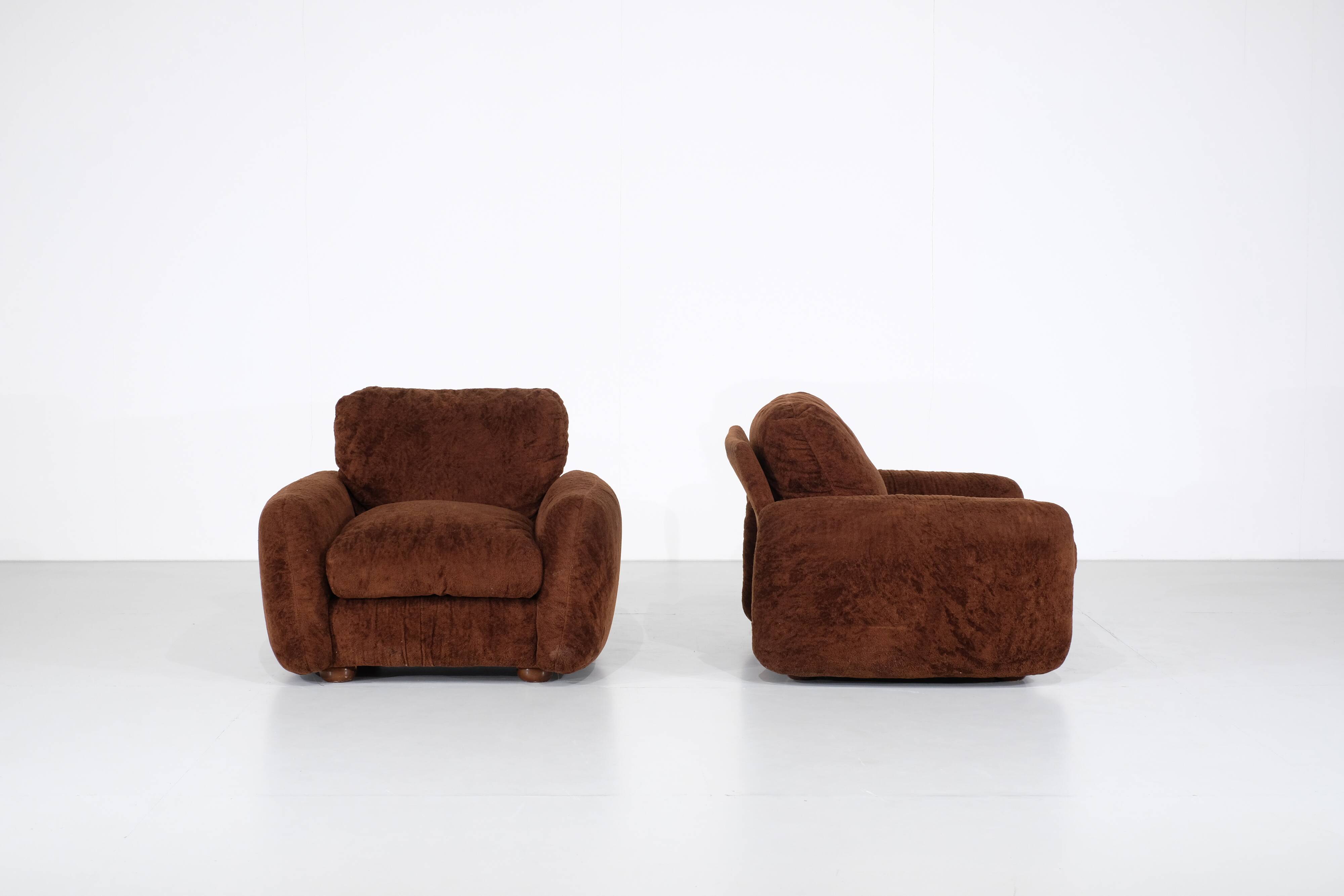 pair of brown fabric armchairs, Italy - 1970s