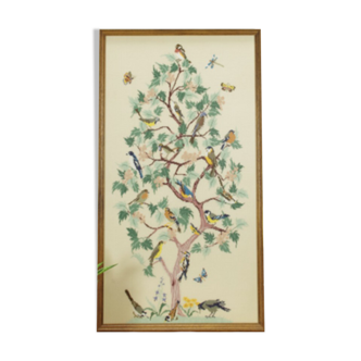Peinture brodée oiseaux vintage avec cadre en bois