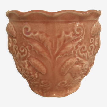 Ancien cache pot en barbotine rose style Art Nouveau