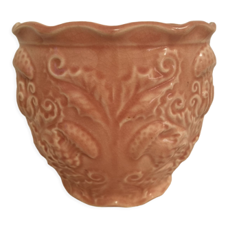 Ancien cache pot en barbotine rose style Art Nouveau