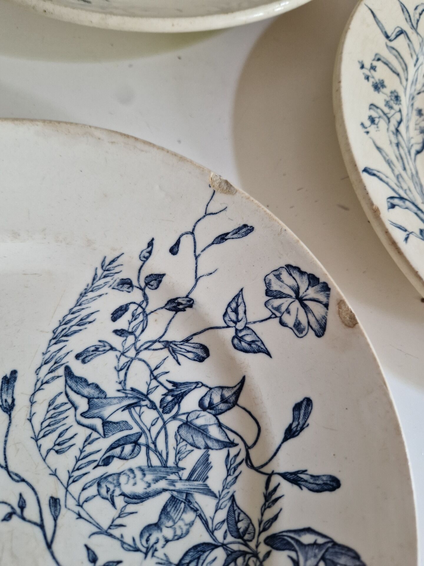 Set of 6 flat plates plus one earthenware dish.