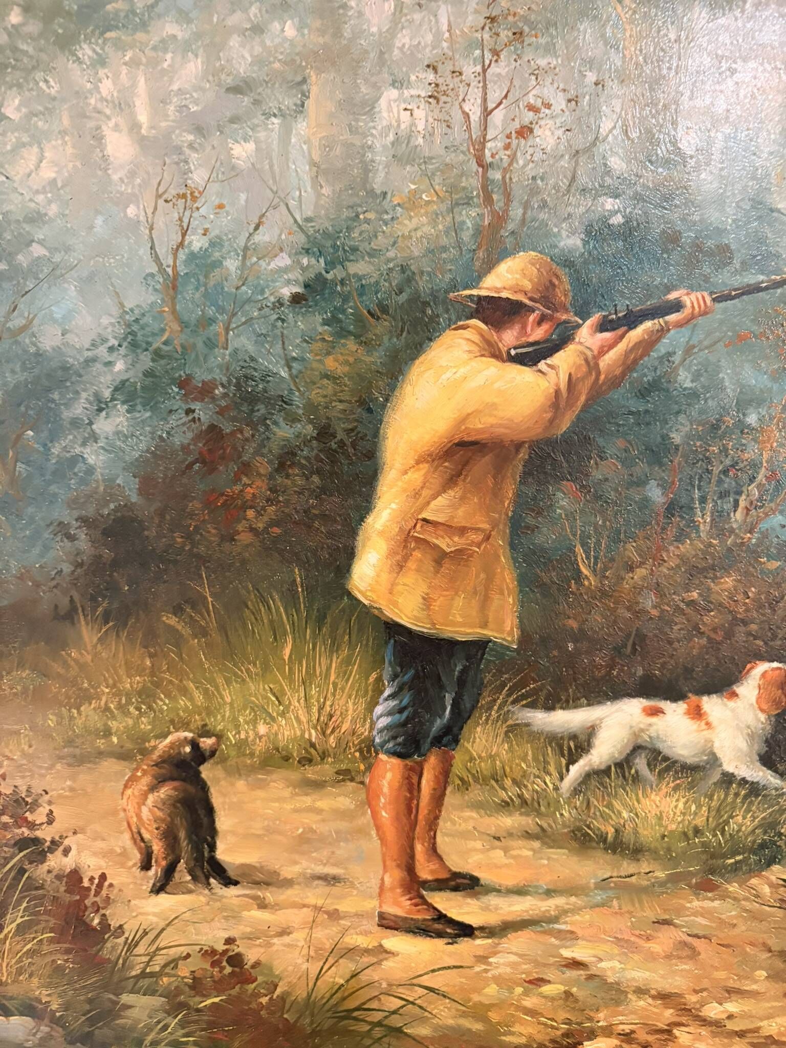 Tableau Peinture Huile Panneau HSP EDWARD WEBB Chasse Cour Chien Forêt