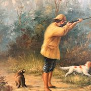 Tableau Peinture Huile Panneau HSP EDWARD WEBB Chasse Cour Chien Forêt