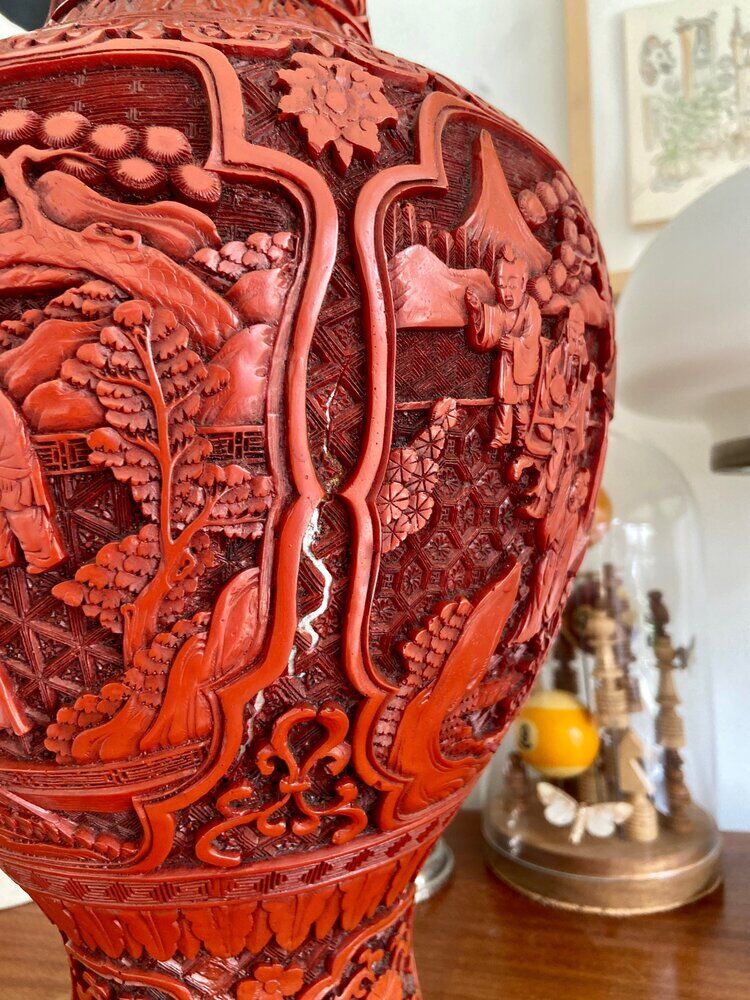 Asian metal vase and red resin