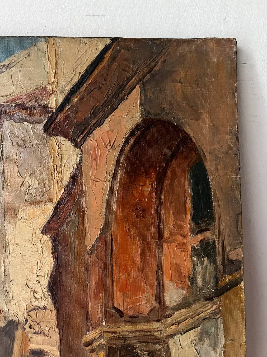 Scène de rue devant château, huile sur toile