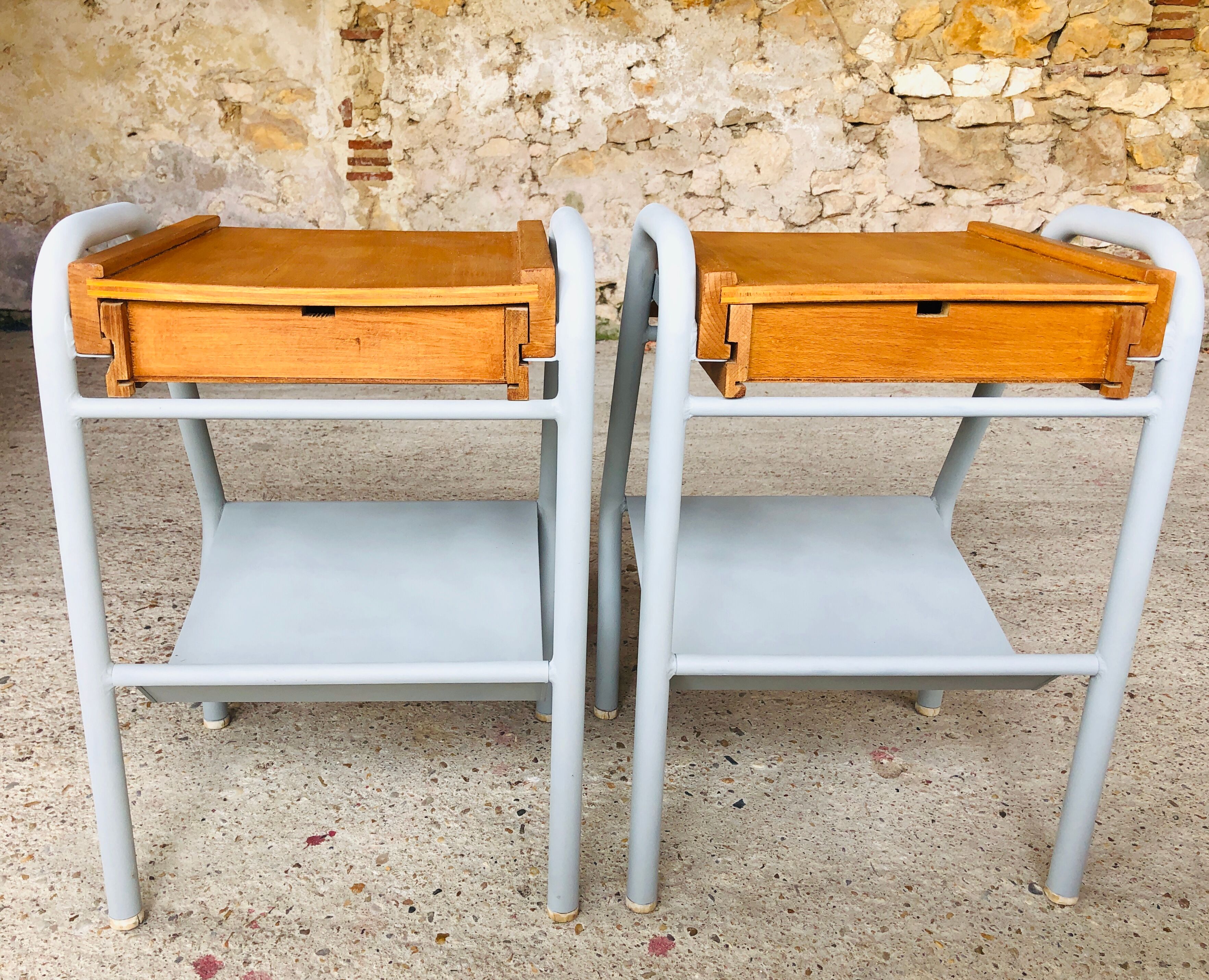 Pair of wooden and metal bedsides 50/60