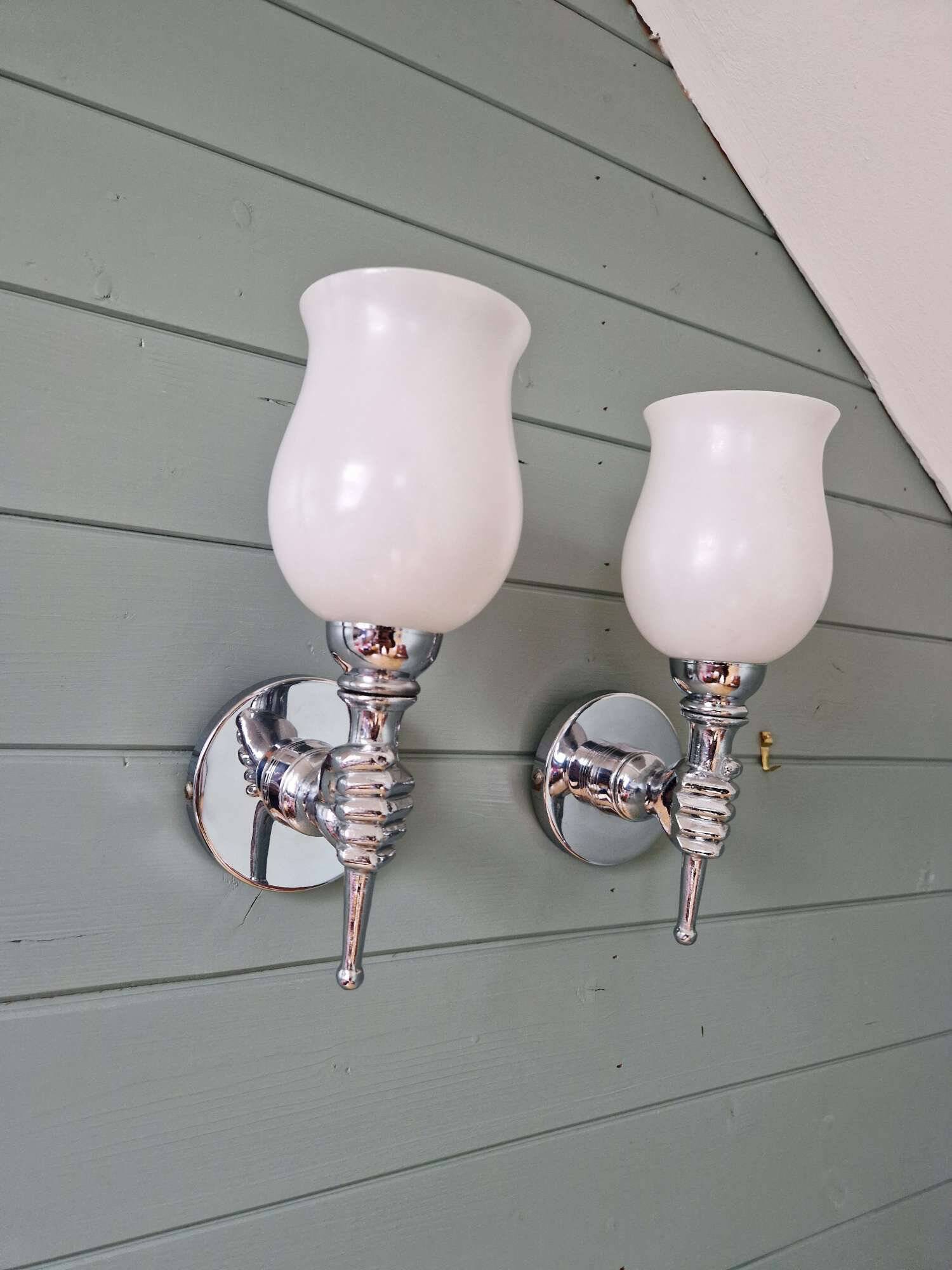 Pair of wall lights in chromed metal and white satin glass, 1960