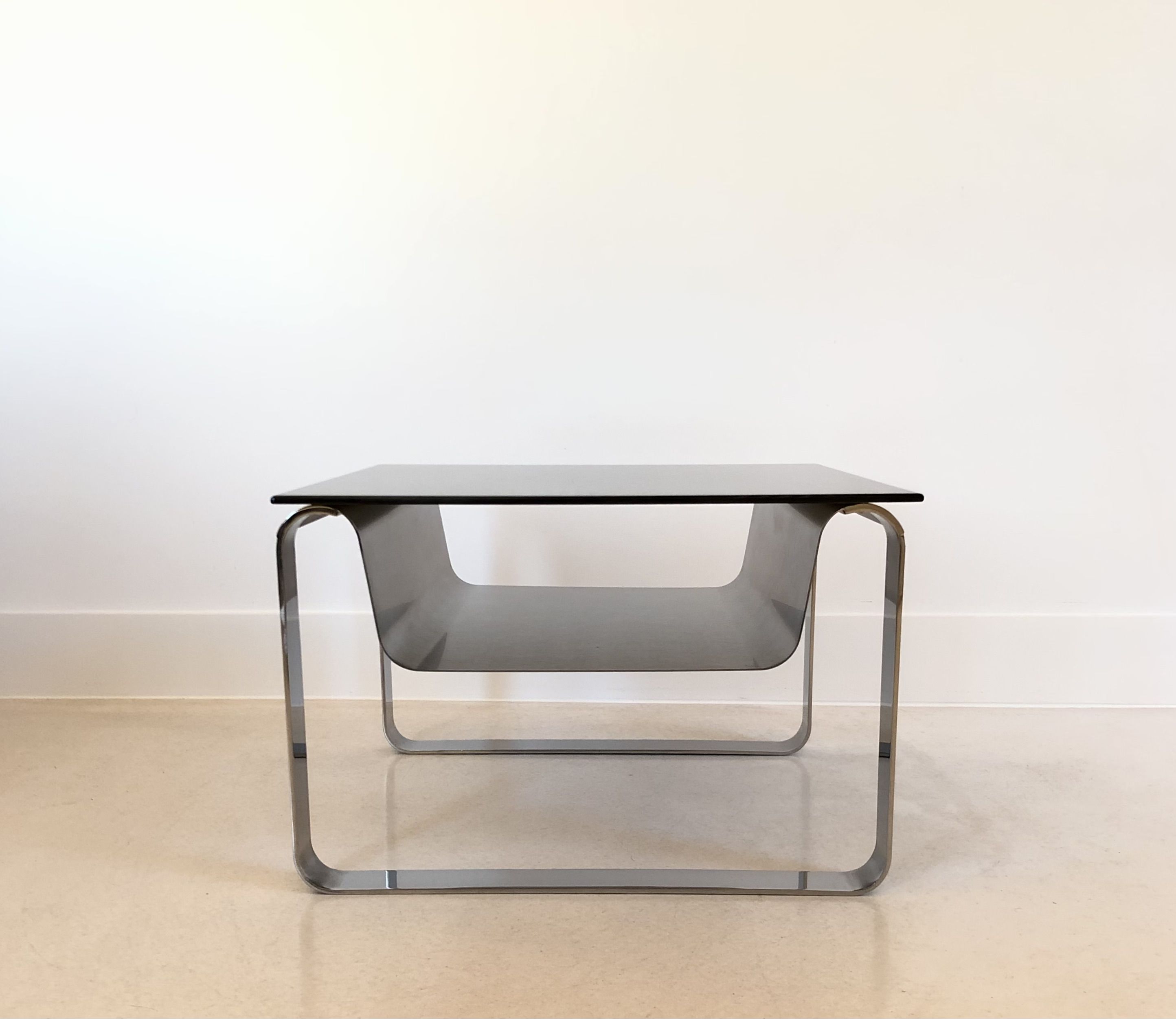 End of sofa, stainless steel magazine rack and mirror glass, France 70s