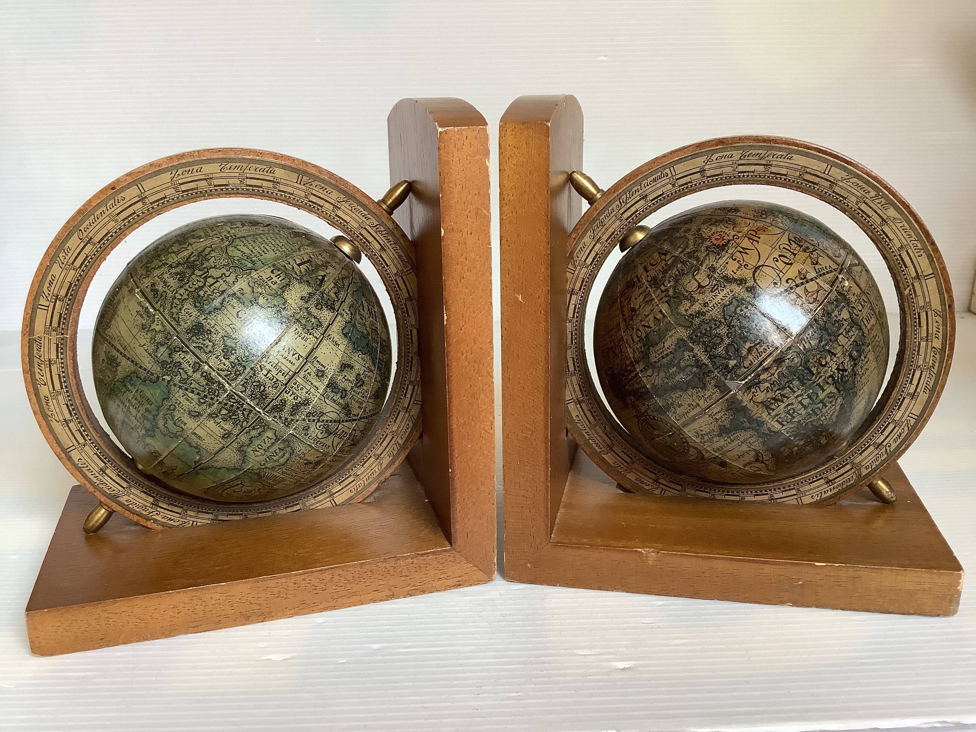 Pair of wooden world map bookends