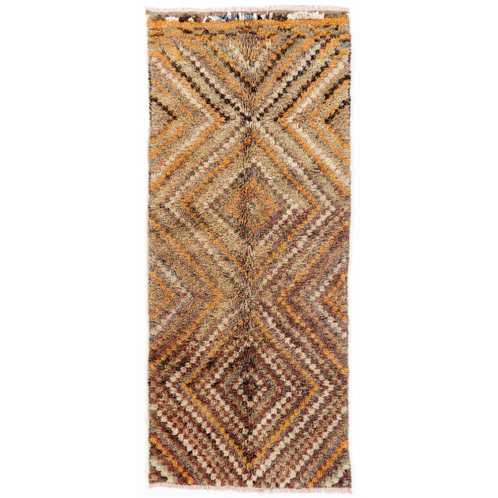 Vintage Hand-Knotted Tulu Runner Rug with Geometric Diamond Design in Brown, Orange and Earthy Tones, 100% Wool