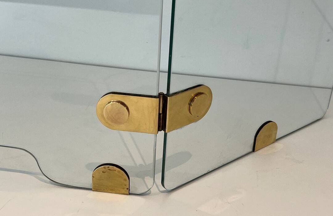 Three-Panel Folding Fire Screen with Clear Glass and Brass Hinges Ova