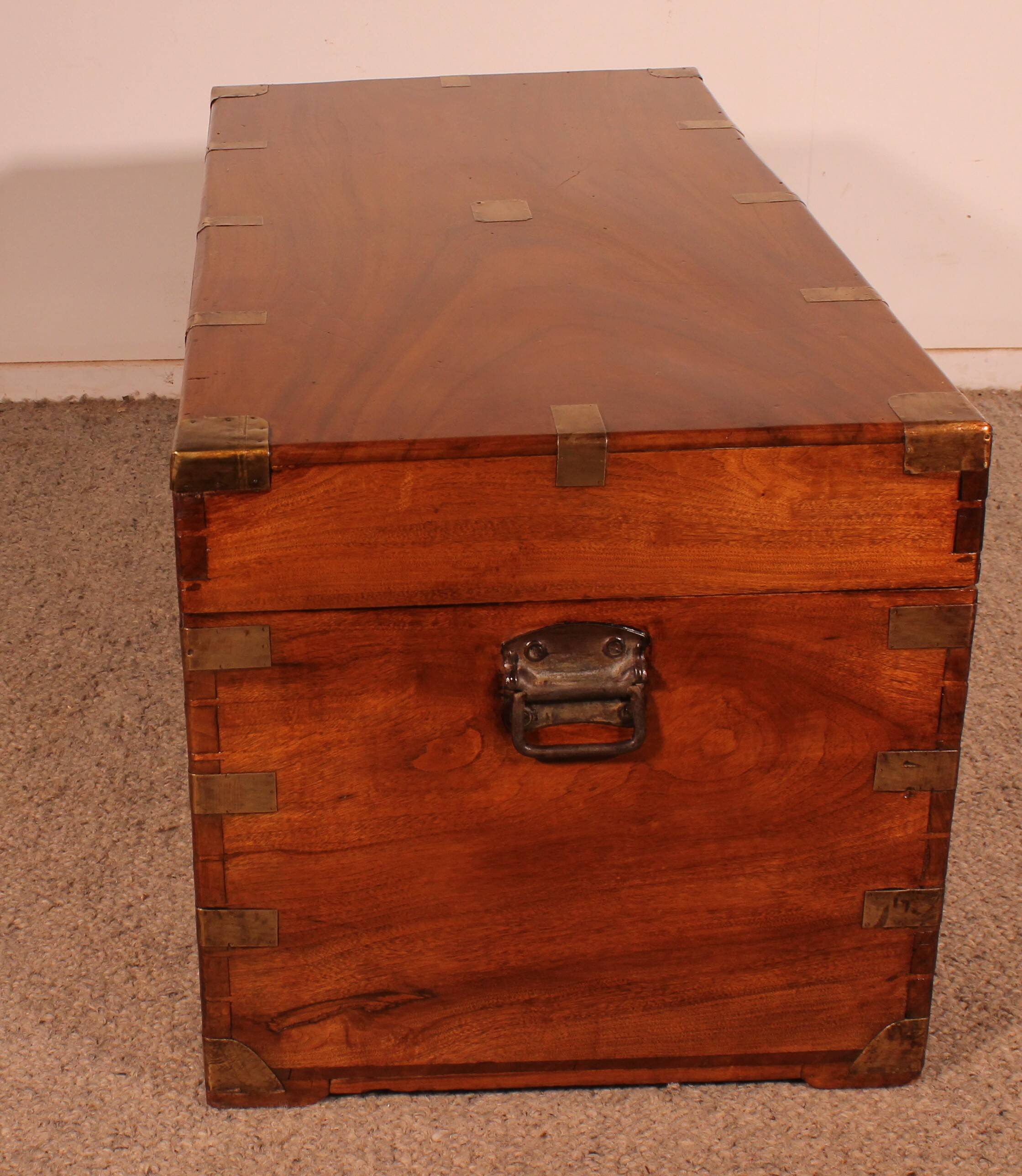 19th-century camphor wood marine chest with double locks and tray in