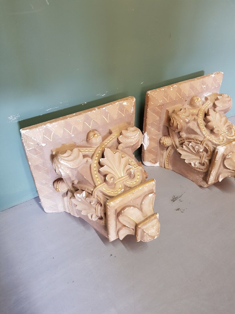 Early 20th Century French Plaster Wall Consoles In A Church Architectural Style