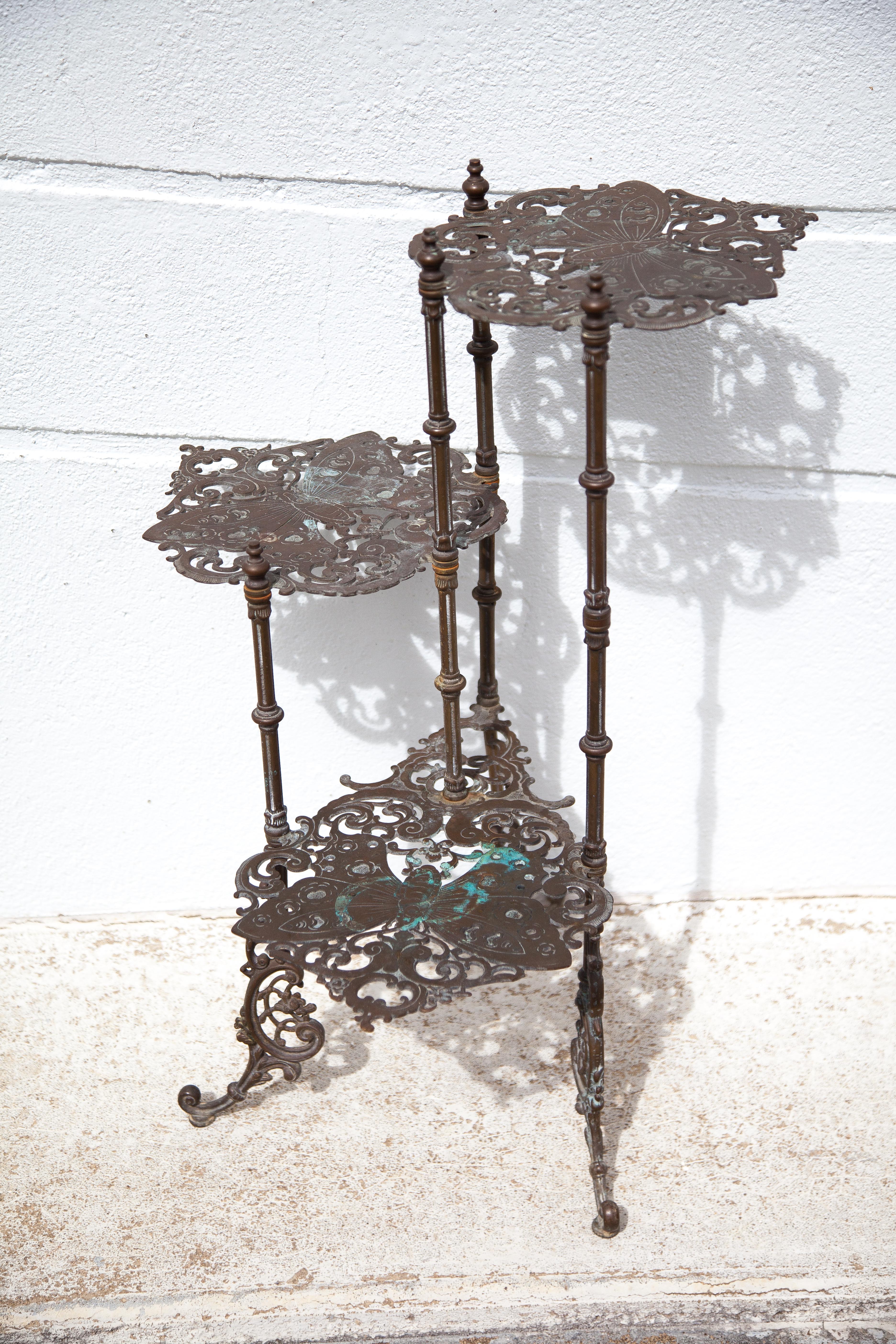 Old bronze harness 3 levels, bronze plant holder, butterfly patterns, planter, patio