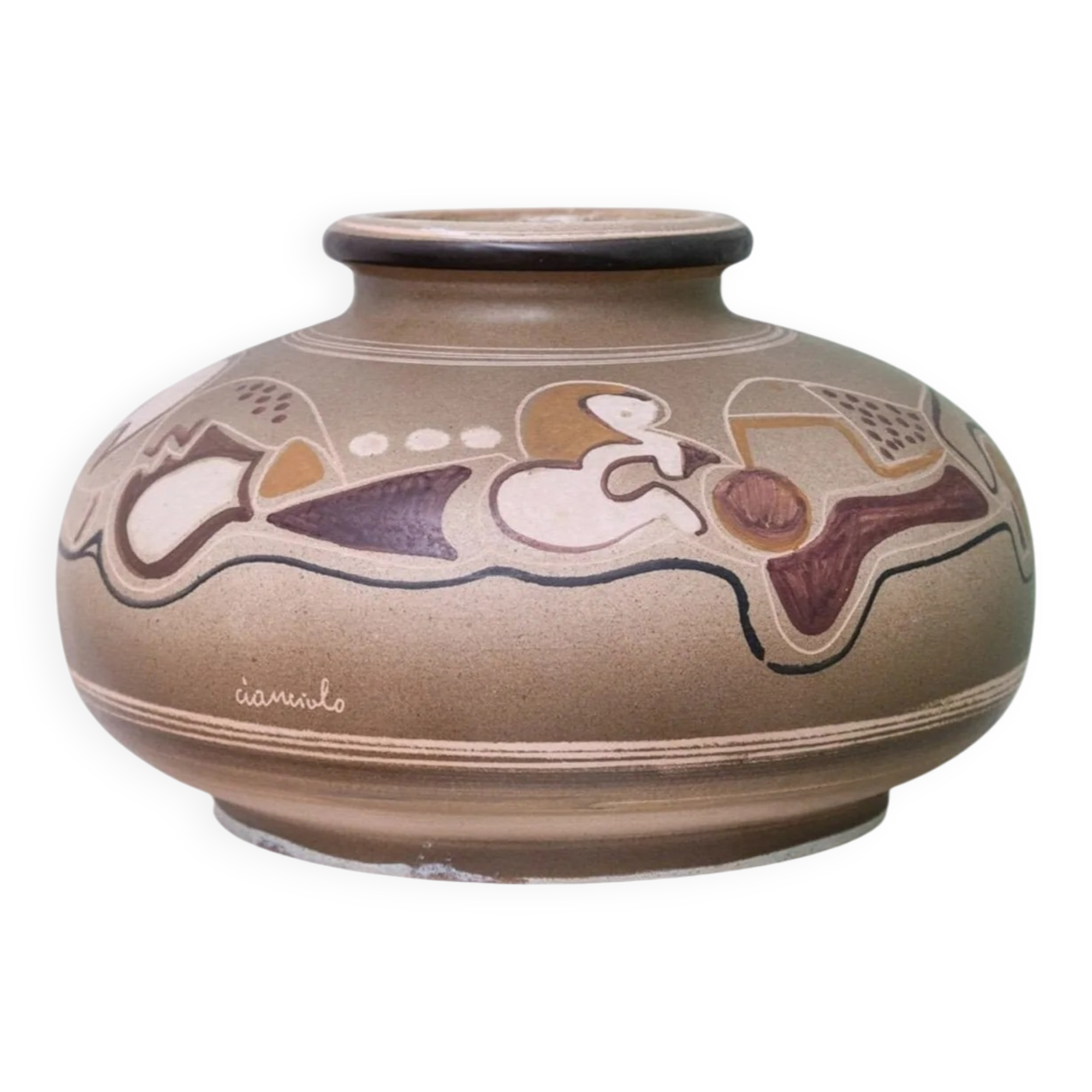 Beige Ceramic Vase by Cianciolo Noma Messina, 1960s Mid-Century Signed Italian Studio Vase