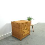 Wicker basket with lid with bear, vintage toy basket