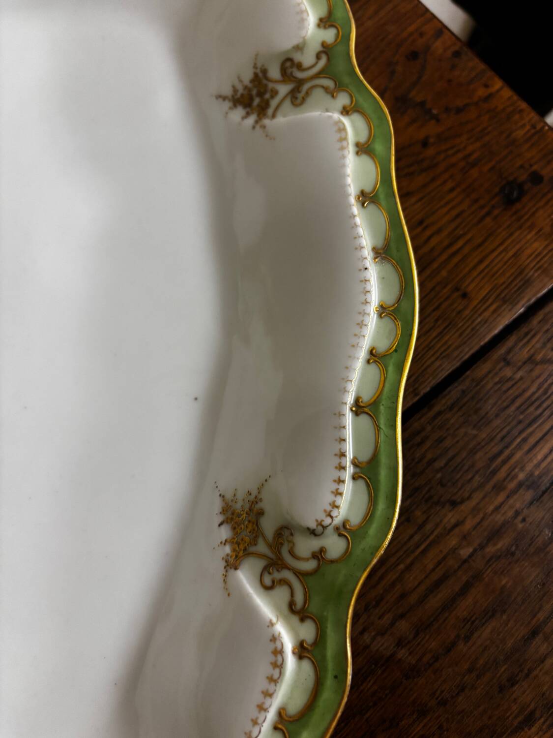 Vintage large rectangular green serving platter with Limoges gilt trim