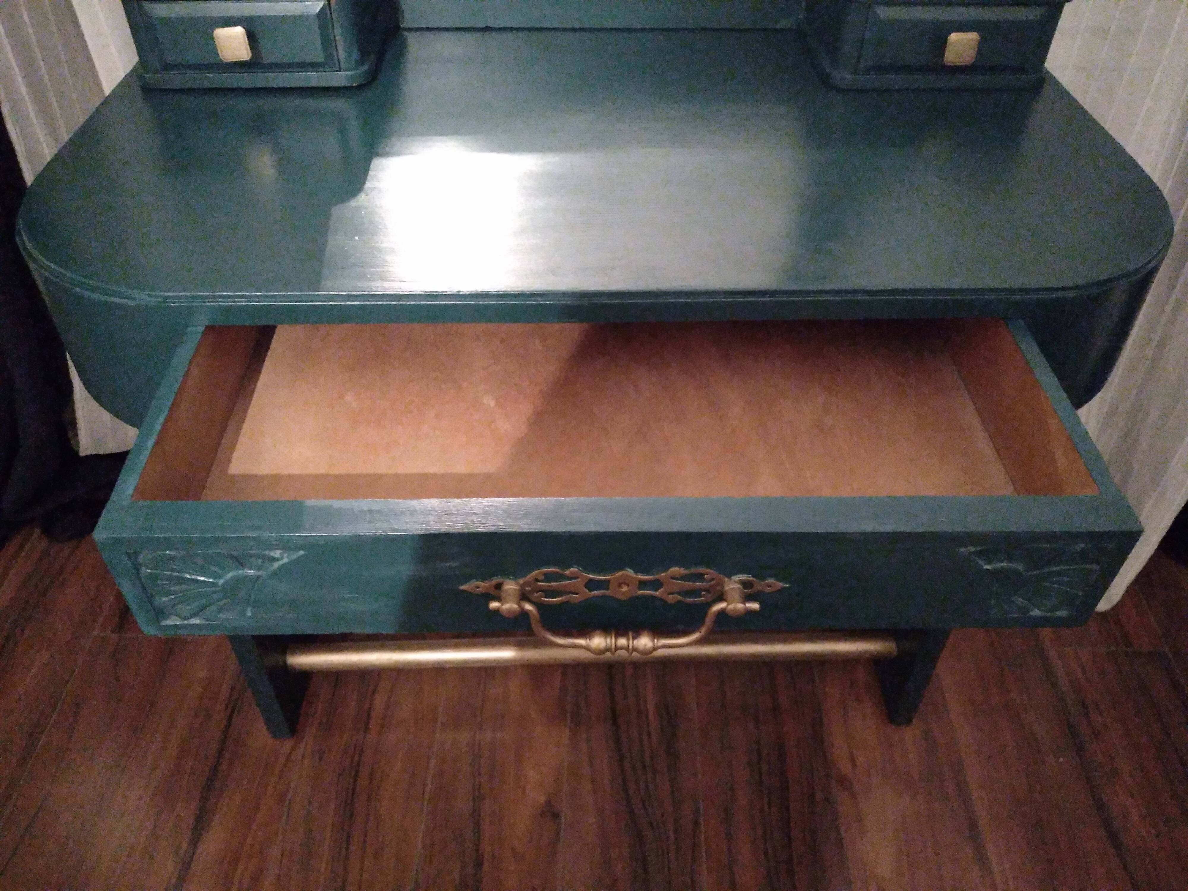 Blue art deco dressing table, swivel mirror